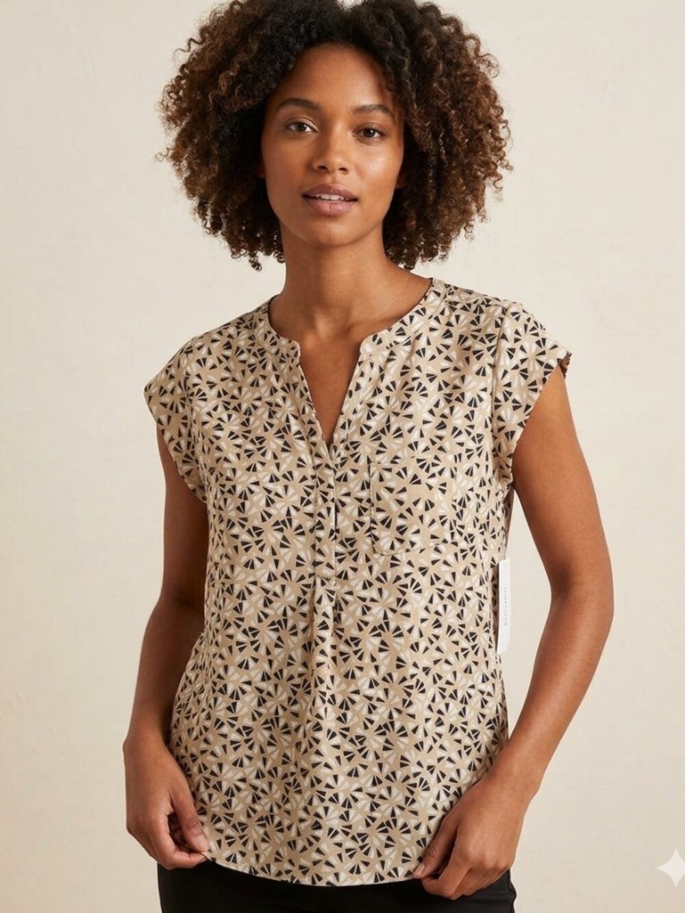 Brand New Flowy Blouse - Tan with Geometric Pattern